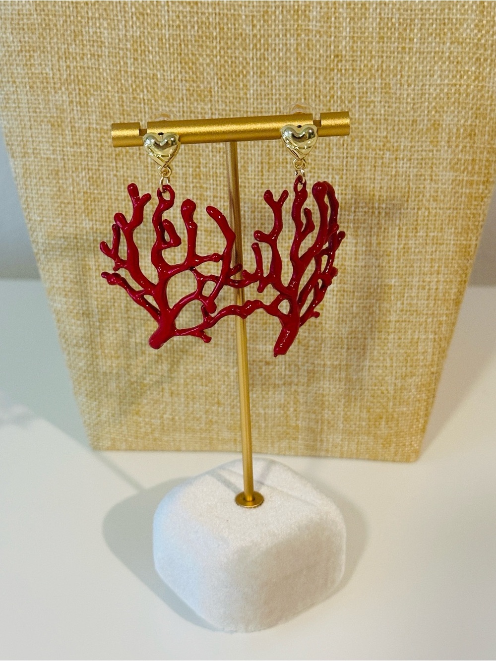 Fashion Jewelry Red Coral Branch Drop Earrings with Gold Heart Studs